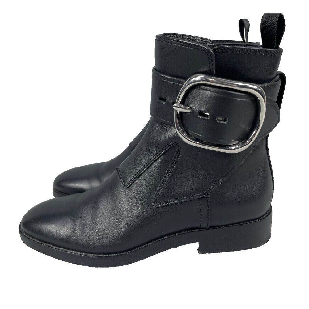 Alexander Wang Boots Women 7 Black Leather Ankle Buckle Moto Goth Edgy Luxury - Picture 1 of 14